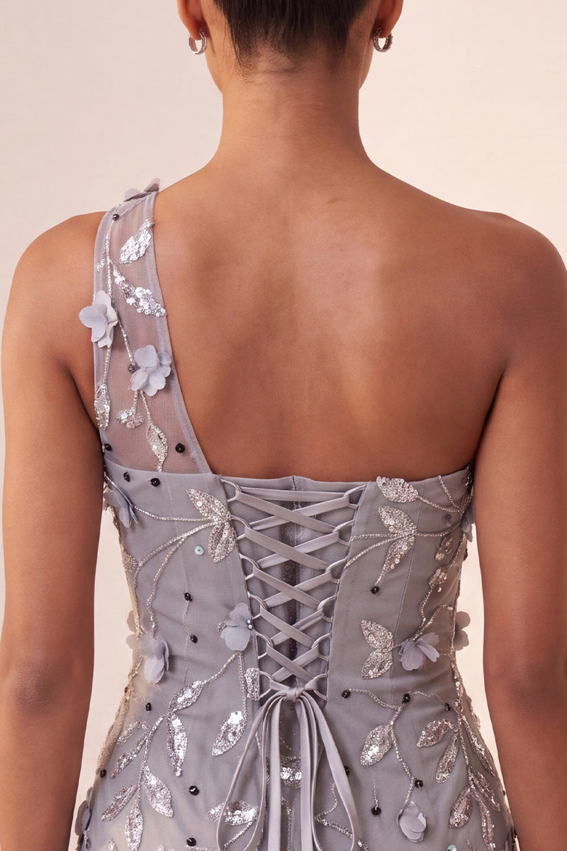 Load image into Gallery viewer, Floral Grey Sequins Tight Sparkly One Shoulder Short Cocktail Dress