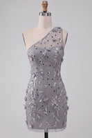 Load image into Gallery viewer, Floral Grey Sequins Tight Sparkly One Shoulder Short Cocktail Dress