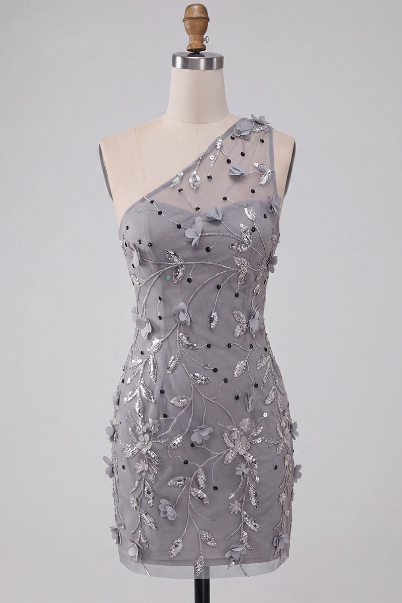 Load image into Gallery viewer, Floral Grey Sequins Tight Sparkly One Shoulder Short Cocktail Dress