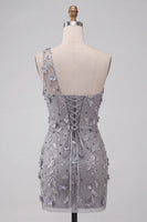 Load image into Gallery viewer, Floral Grey Sequins Tight Sparkly One Shoulder Short Cocktail Dress