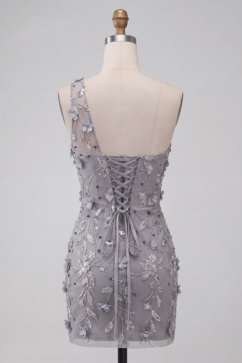 Load image into Gallery viewer, Floral Grey Sequins Tight Sparkly One Shoulder Short Cocktail Dress