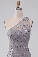 Load image into Gallery viewer, Floral Grey Sequins Tight Sparkly One Shoulder Short Cocktail Dress