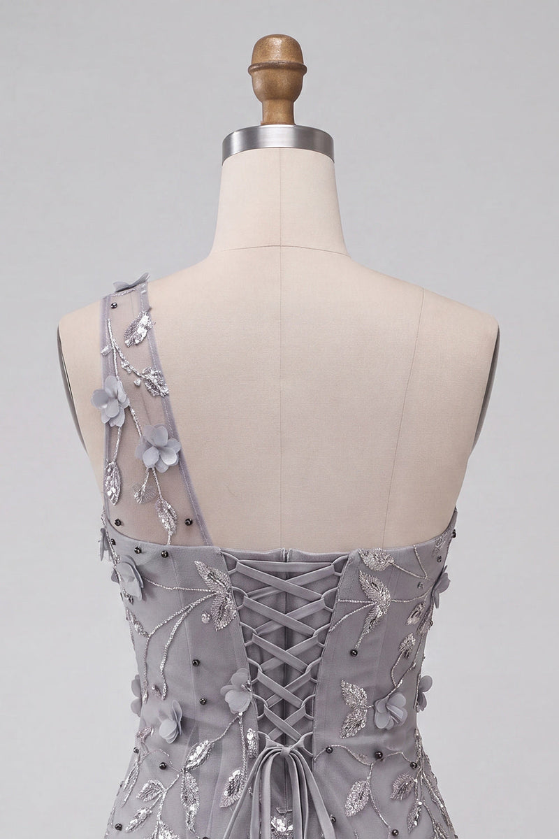 Load image into Gallery viewer, Floral Grey Sequins Tight Sparkly One Shoulder Short Cocktail Dress