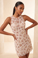 Load image into Gallery viewer, Blush Sparkly Beaded Round Neck Sequin Short Tight Cocktail Dress