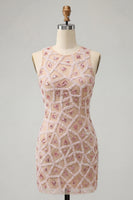 Load image into Gallery viewer, Blush Sparkly Beaded Round Neck Sequin Short Tight Cocktail Dress
