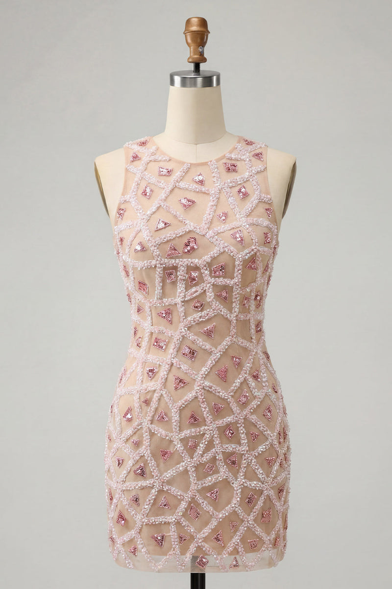 Load image into Gallery viewer, Blush Sparkly Beaded Round Neck Sequin Short Tight Cocktail Dress