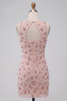 Load image into Gallery viewer, Blush Sparkly Beaded Round Neck Sequin Short Tight Cocktail Dress