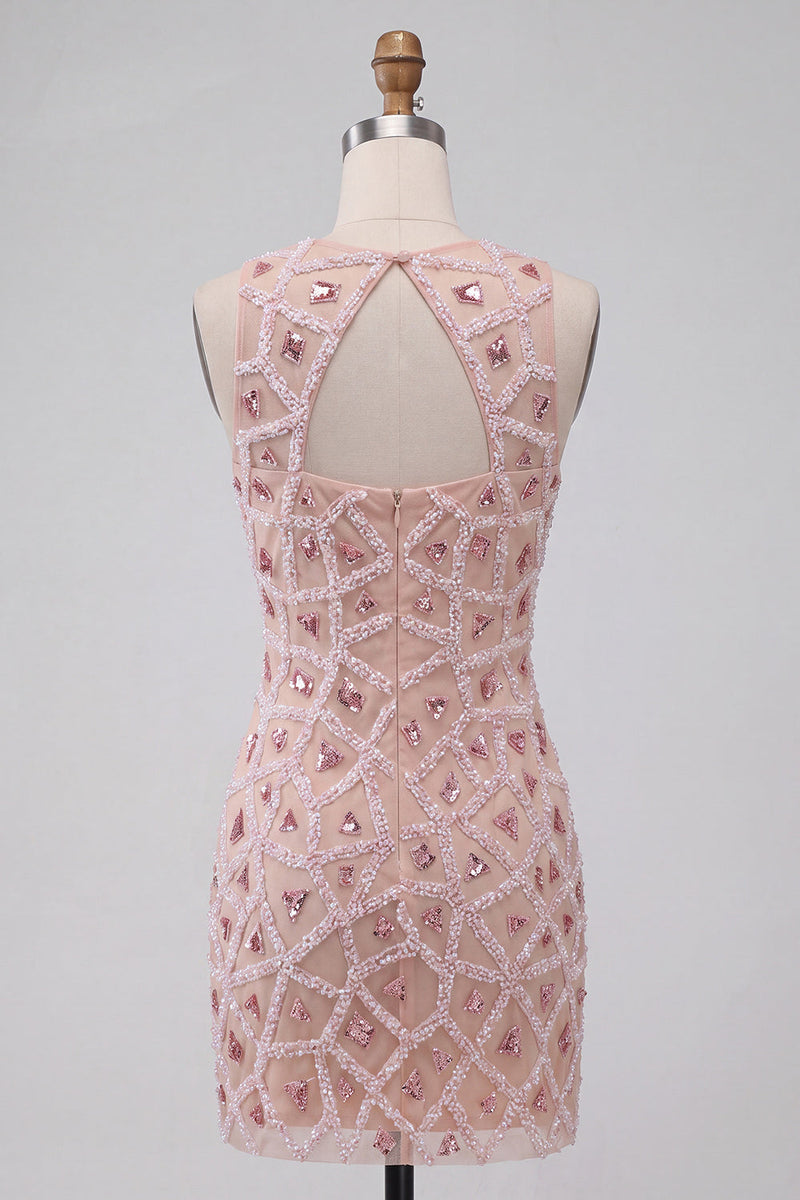 Load image into Gallery viewer, Blush Sparkly Beaded Round Neck Sequin Short Tight Cocktail Dress