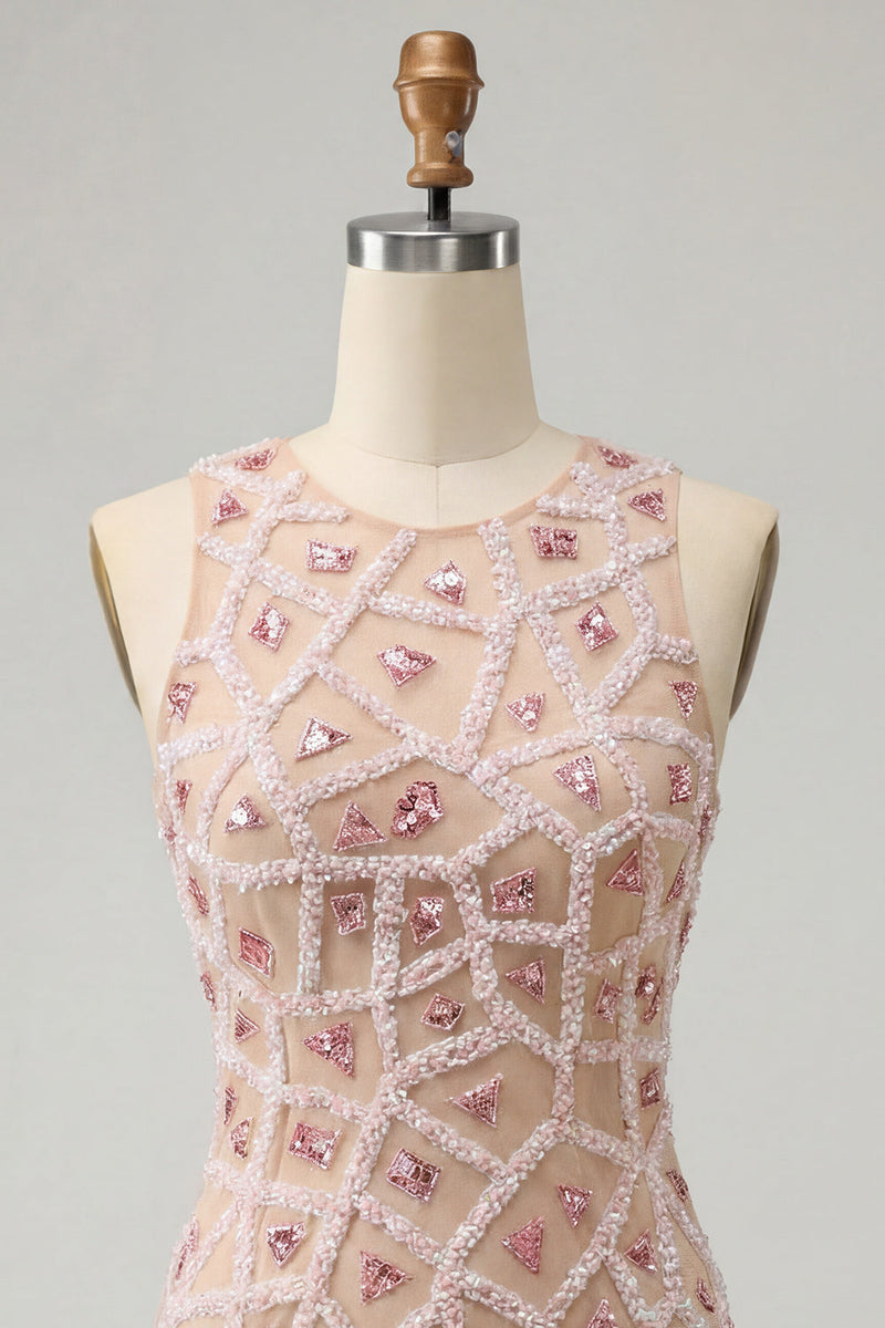 Load image into Gallery viewer, Blush Sparkly Beaded Round Neck Sequin Short Tight Cocktail Dress