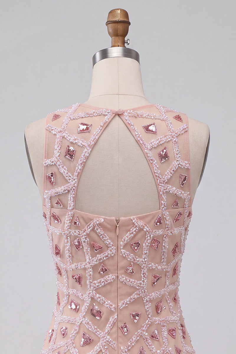 Load image into Gallery viewer, Blush Sparkly Beaded Round Neck Sequin Short Tight Cocktail Dress