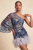 Load image into Gallery viewer, Floral Navy Sparkly Beaded Tight Cocktail Dress with Feathers