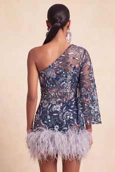 Floral Navy Sparkly Beaded Tight Cocktail Dress with Feathers
