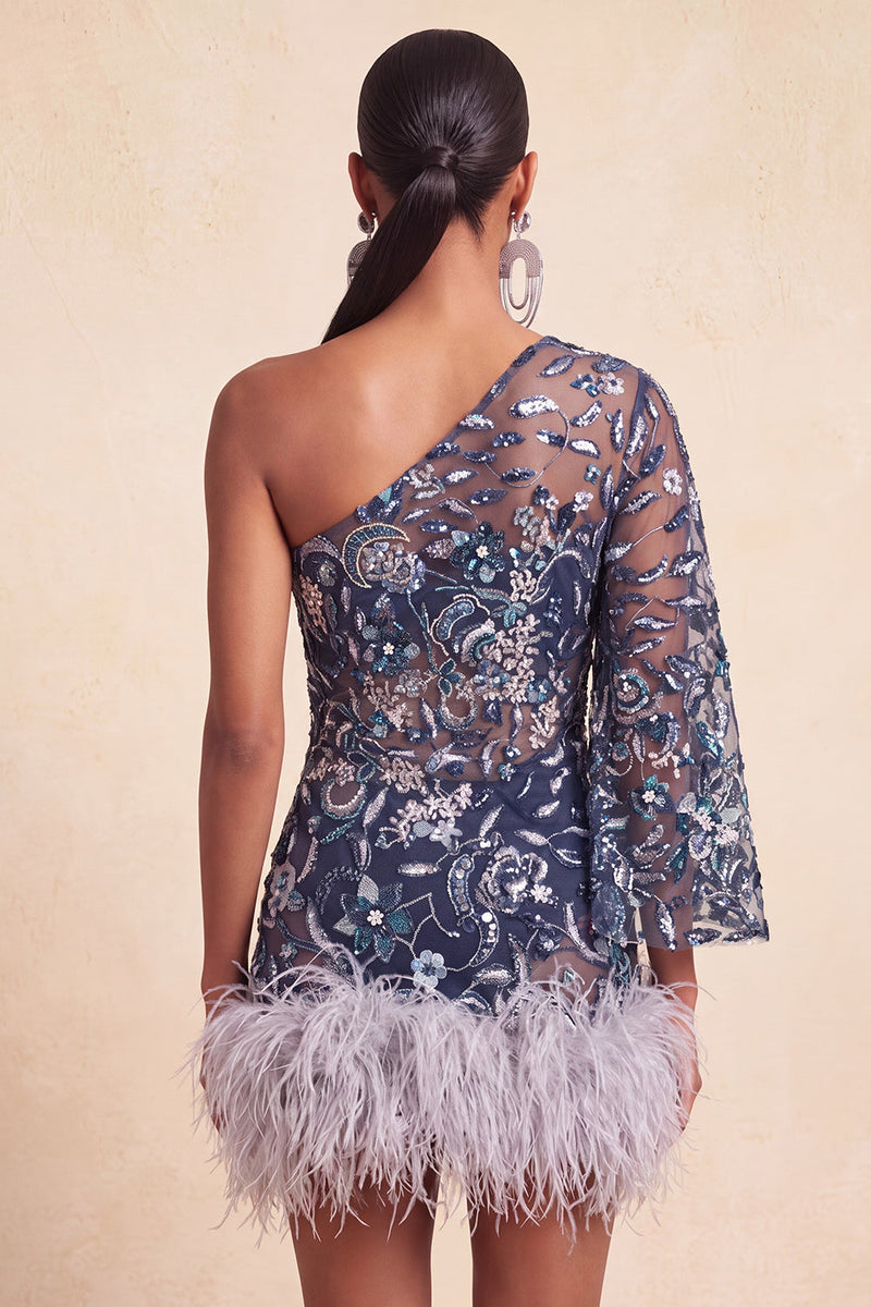 Load image into Gallery viewer, Floral Navy Sparkly Beaded Tight Cocktail Dress with Feathers