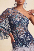 Load image into Gallery viewer, Floral Navy Sparkly Beaded Tight Cocktail Dress with Feathers