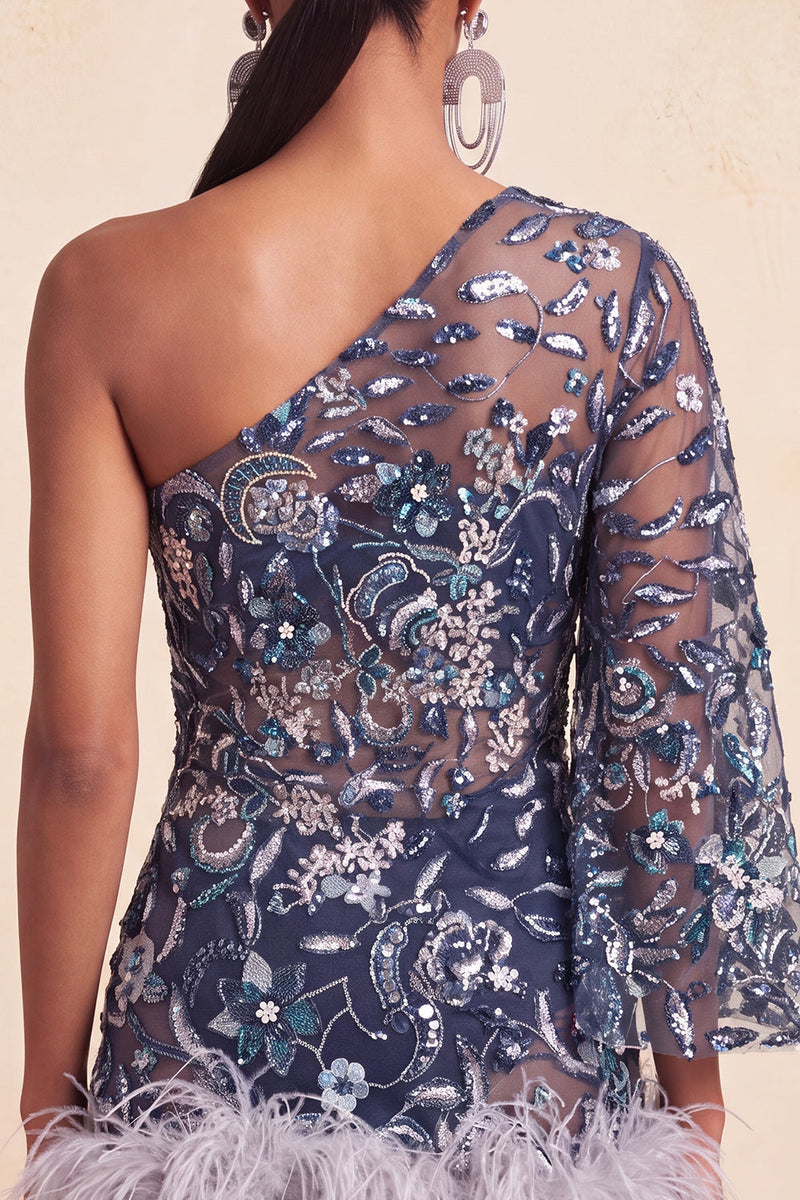 Load image into Gallery viewer, Floral Navy Sparkly Beaded Tight Cocktail Dress with Feathers