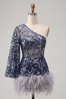 Load image into Gallery viewer, Floral Navy Sparkly Beaded Tight Cocktail Dress with Feathers