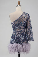 Load image into Gallery viewer, Floral Navy Sparkly Beaded Tight Cocktail Dress with Feathers