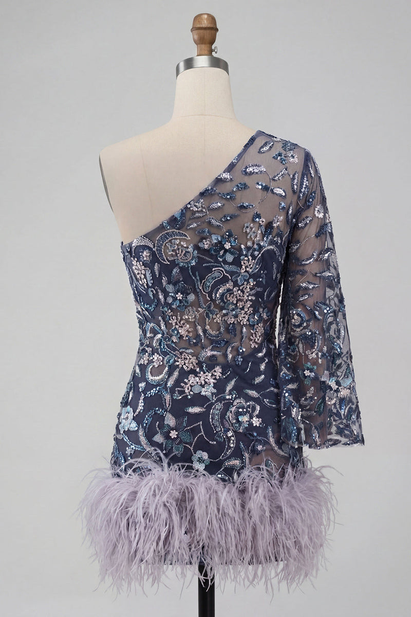Load image into Gallery viewer, Floral Navy Sparkly Beaded Tight Cocktail Dress with Feathers