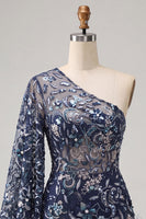 Load image into Gallery viewer, Floral Navy Sparkly Beaded Tight Cocktail Dress with Feathers
