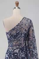 Load image into Gallery viewer, Floral Navy Sparkly Beaded Tight Cocktail Dress with Feathers