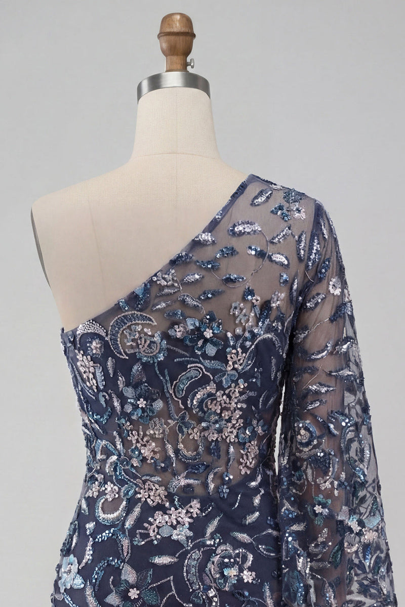 Load image into Gallery viewer, Floral Navy Sparkly Beaded Tight Cocktail Dress with Feathers