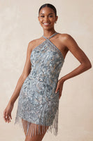 Load image into Gallery viewer, Grey Sparkly Tight Floral Fringed Beaded Short Cocktail Dress