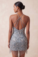 Load image into Gallery viewer, Grey Sparkly Tight Floral Fringed Beaded Short Cocktail Dress