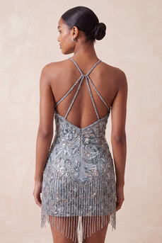 Grey Sparkly Tight Floral Fringed Beaded Short Cocktail Dress