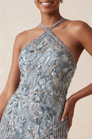 Load image into Gallery viewer, Grey Sparkly Tight Floral Fringed Beaded Short Cocktail Dress