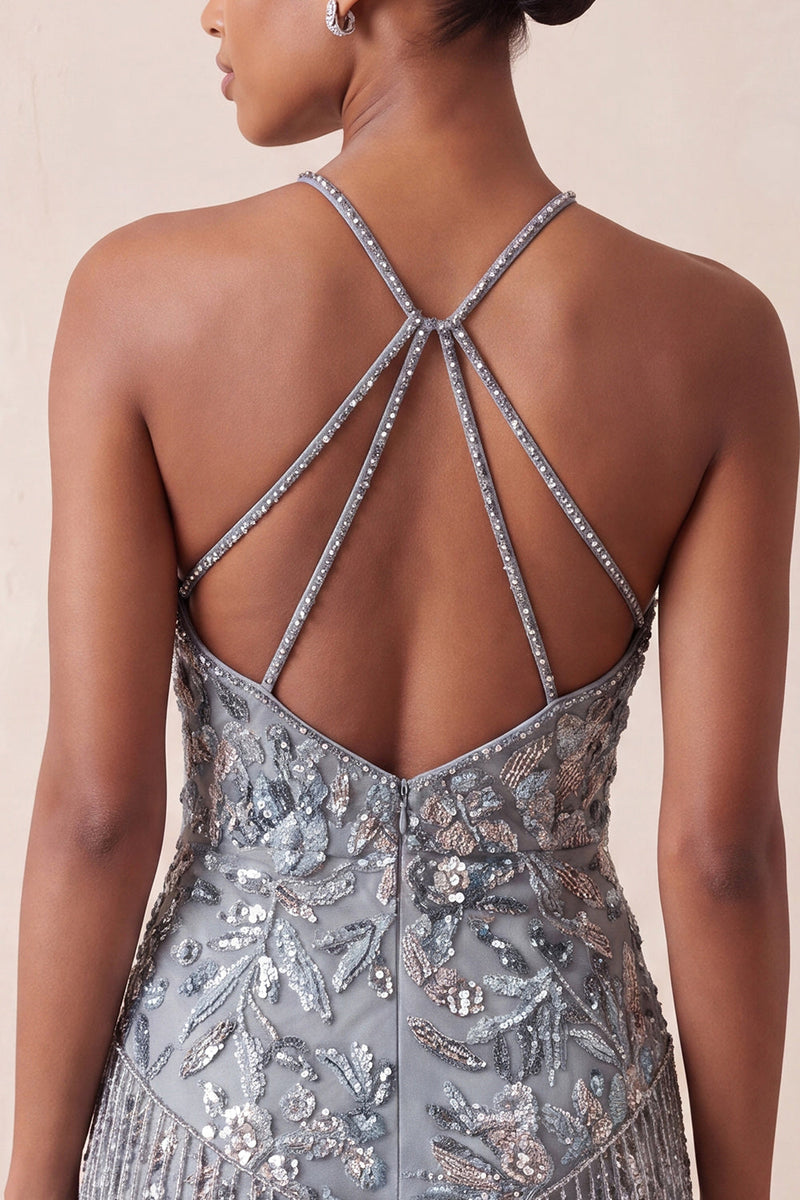 Load image into Gallery viewer, Grey Sparkly Tight Floral Fringed Beaded Short Cocktail Dress