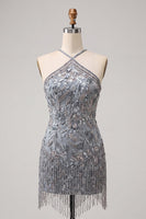 Load image into Gallery viewer, Grey Sparkly Tight Floral Fringed Beaded Short Cocktail Dress