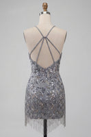 Load image into Gallery viewer, Grey Sparkly Tight Floral Fringed Beaded Short Cocktail Dress