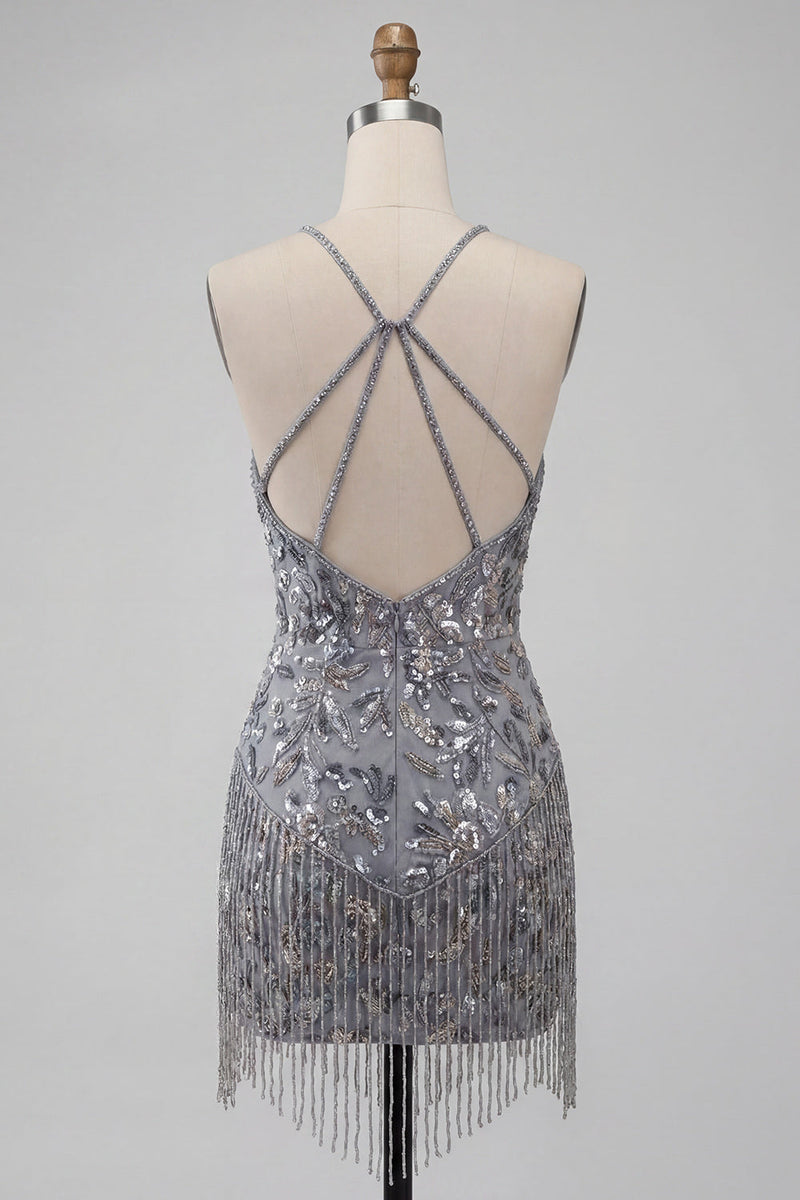 Load image into Gallery viewer, Grey Sparkly Tight Floral Fringed Beaded Short Cocktail Dress
