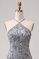 Load image into Gallery viewer, Grey Sparkly Tight Floral Fringed Beaded Short Cocktail Dress