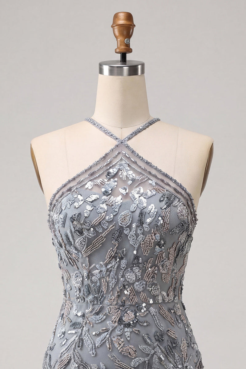 Load image into Gallery viewer, Grey Sparkly Tight Floral Fringed Beaded Short Cocktail Dress