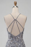 Load image into Gallery viewer, Grey Sparkly Tight Floral Fringed Beaded Short Cocktail Dress