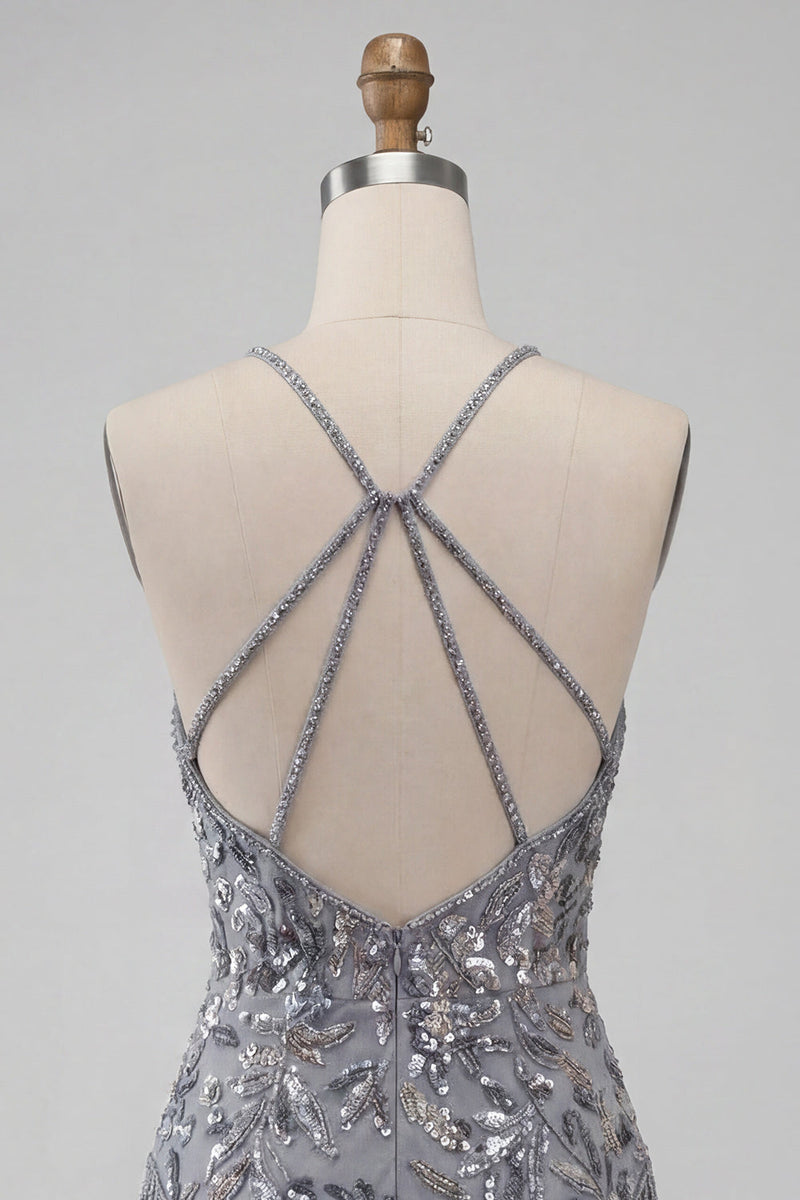 Load image into Gallery viewer, Grey Sparkly Tight Floral Fringed Beaded Short Cocktail Dress