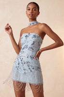 Load image into Gallery viewer, Dusty Blue Sequins Sparkly Tight Floral Short Cocktail Dress with Fringes