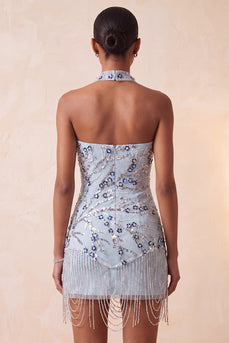 Dusty Blue Sequins Sparkly Tight Floral Short Cocktail Dress with Fringes