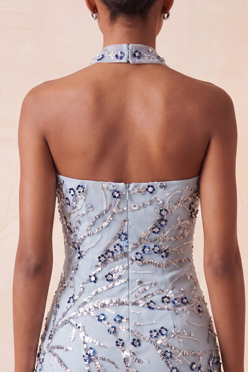 Load image into Gallery viewer, Dusty Blue Sequins Sparkly Tight Floral Short Cocktail Dress with Fringes
