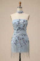 Load image into Gallery viewer, Dusty Blue Sequins Sparkly Tight Floral Short Cocktail Dress with Fringes
