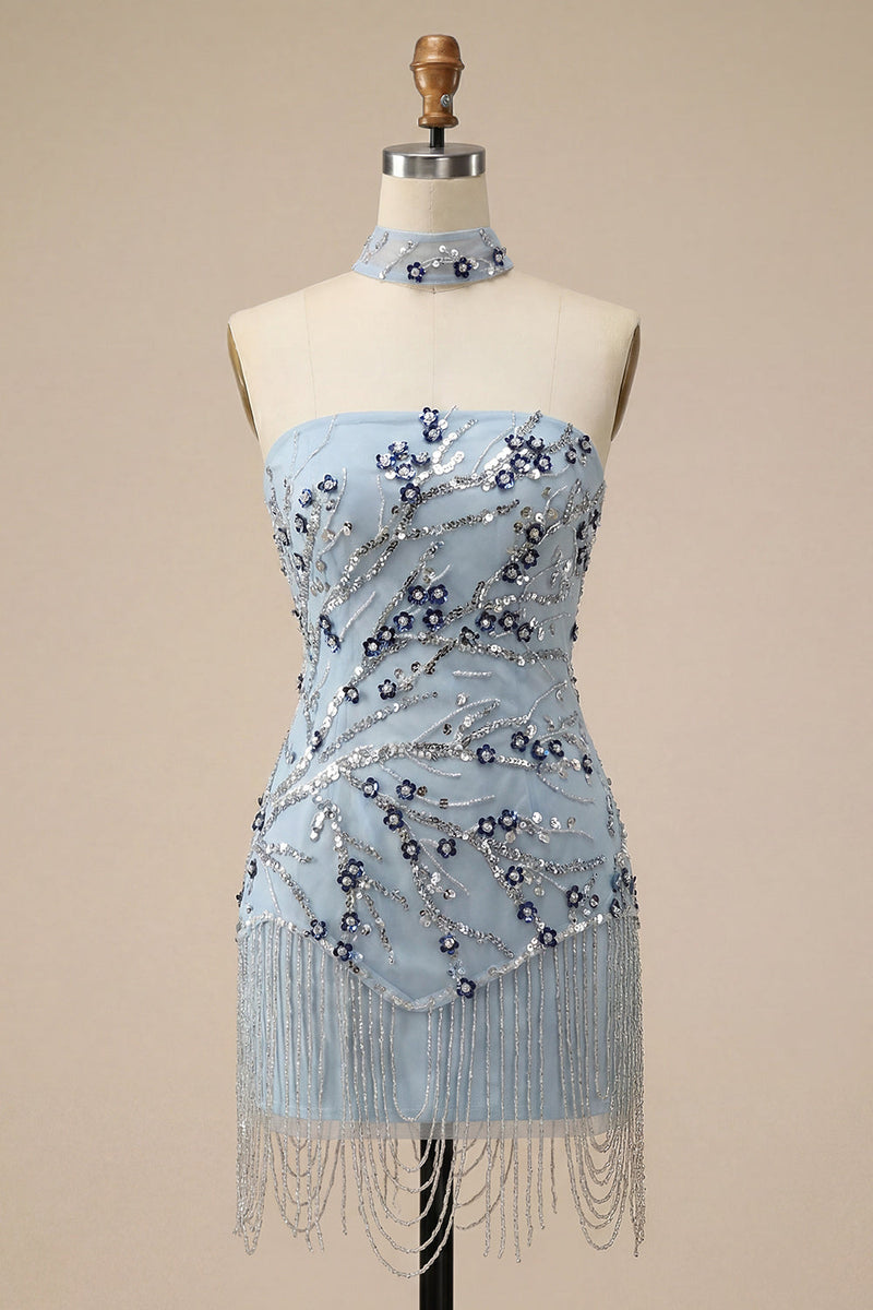 Load image into Gallery viewer, Dusty Blue Sequins Sparkly Tight Floral Short Cocktail Dress with Fringes