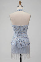 Load image into Gallery viewer, Dusty Blue Sequins Sparkly Tight Floral Short Cocktail Dress with Fringes