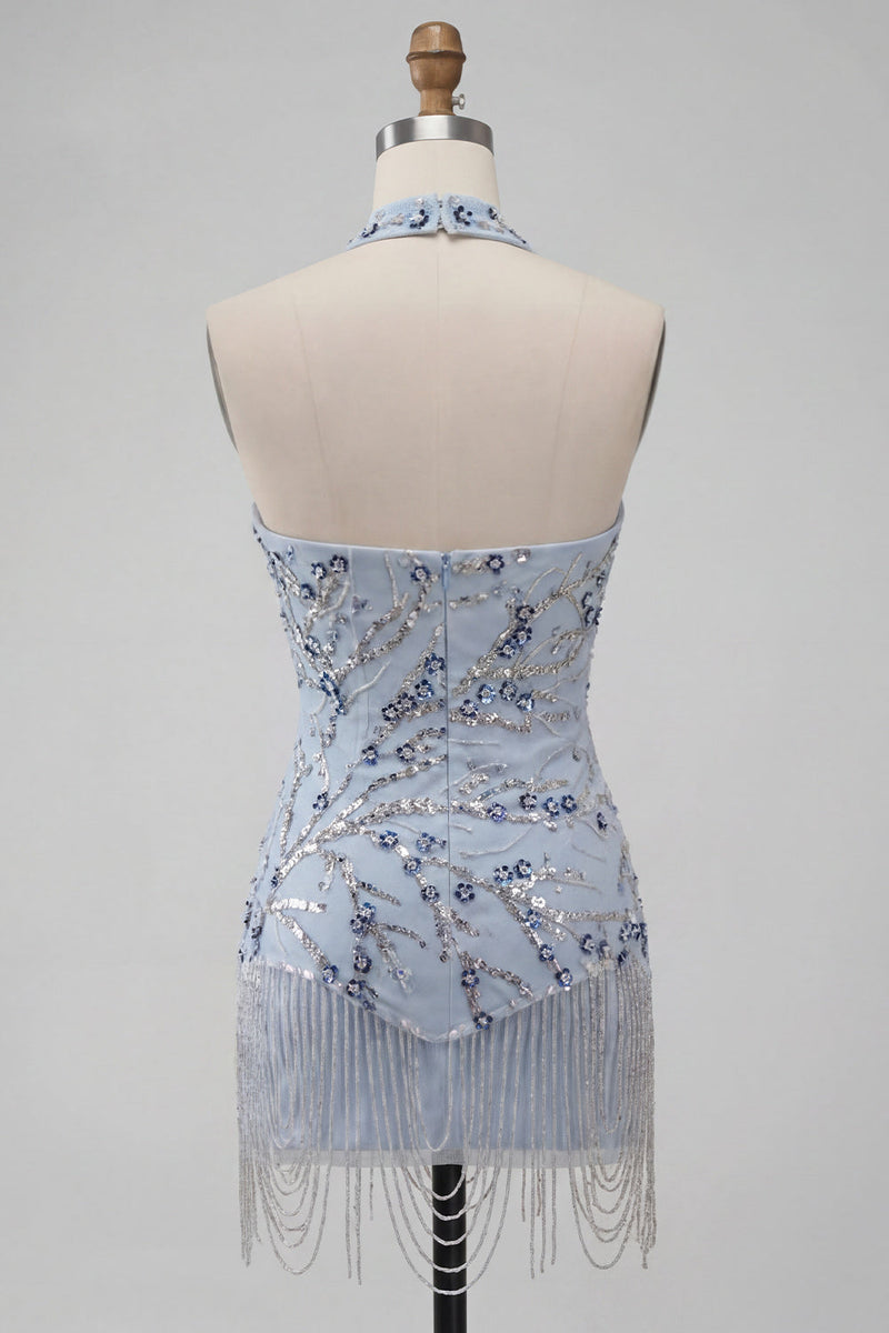 Load image into Gallery viewer, Dusty Blue Sequins Sparkly Tight Floral Short Cocktail Dress with Fringes