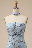 Load image into Gallery viewer, Dusty Blue Sequins Sparkly Tight Floral Short Cocktail Dress with Fringes