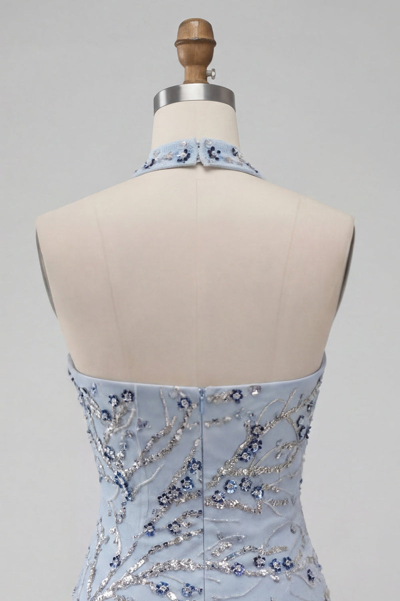 Load image into Gallery viewer, Dusty Blue Sequins Sparkly Tight Floral Short Cocktail Dress with Fringes