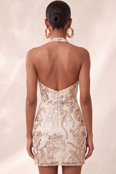 Champagne Sparkly Floral Halter Sequins Tight Short Cocktail Dress
