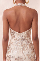 Load image into Gallery viewer, Champagne Sparkly Floral Halter Sequins Tight Short Cocktail Dress