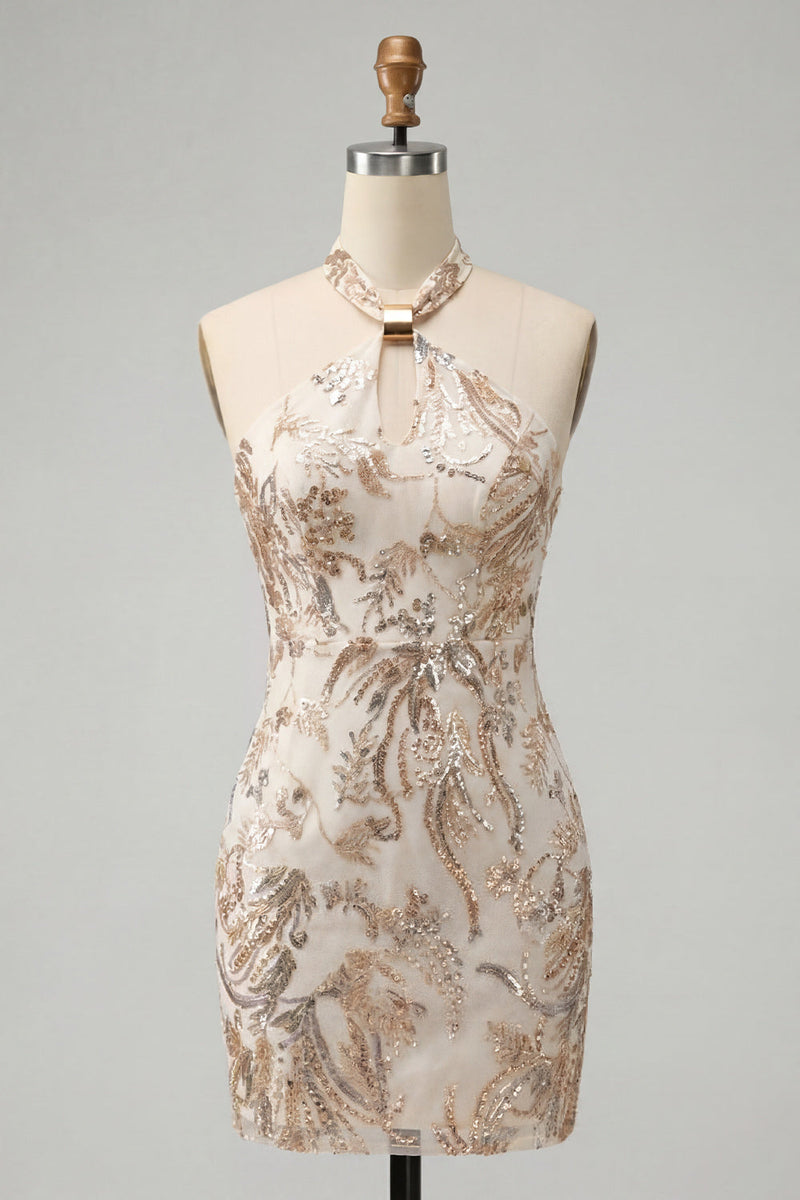 Load image into Gallery viewer, Champagne Sparkly Floral Halter Sequins Tight Short Cocktail Dress
