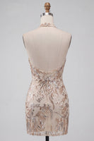 Load image into Gallery viewer, Champagne Sparkly Floral Halter Sequins Tight Short Cocktail Dress